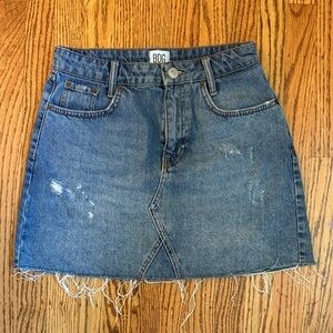 BDG Medium Blue Distressed Denim Mini Skirt with Frayed Hem